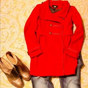 H&M Red Military Style Coat SZ 2